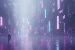 3D, beautiful, light reflecting, empty future city at night, rainy night, neon, cyberpunk, tron, one cyborg walking, 8k, hdr, high contrast, finely detailed, photo realistic