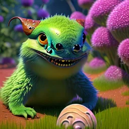 pixar style, volumetric summer garden environment and background, realistic painting of an earthworm smiling, looking excited, detailed digital painting, extreme dense and fine fur, anime, ornate, colour-washed colors, elegant, small minutiae, tiny features, particulars, centered, smooth, sharp focus, renderman gofur render, 8k, uhd, detailed eyes, realistic shaded volumetric lighting, sunlight caustics, backlight, centered camera view