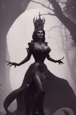 Sophia Loren as evil queen in black leather, cleavage, angry, stern look. character design by cory loftis, fenghua zhong, ryohei hase, ismail inceoglu and ruan jia. unreal engine 5, artistic lighting, highly detailed, photorealistic, fantasy