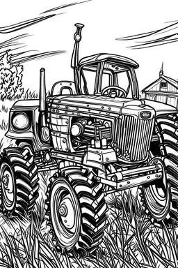 Outline art, no shading, tractor vehicle , cartoon style, black and white, low detail, --ar 9:11