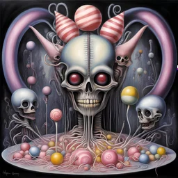 H.R. Giger oil painting titled "CandyLand Autopsy", Lollipop guild dystopia, saccharine anthropomorphic candy dissection, bright primary pastel colors, dynamic diagonal composition, sinister atmosphere, weirdcore, by Stephen Gammell, by Kay Nielsen, octane render, creepy, by Jim Woodring,