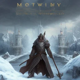 fantasy art, book cover, upper body of big shiny wizard with an axe in hand, in front of the ebony stairs of a bridge or dam ,icy water, on the bridge is a wolf, there is also a hawk sitting on his shoulder