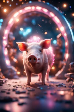 pigs that go hard , in front of space portal dimensional glittering device, bokeh like f/0.8, tilt-shift lens 8k, high detail, smooth render, down-light, unreal engine, prize winning