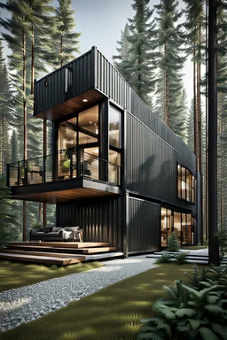 Medium sized, modern house in the woods made from shipping containers, photorealistic