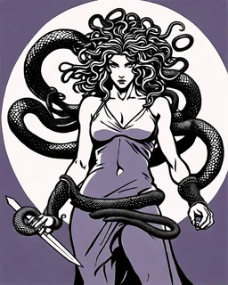 detailed persona, female, sword in hand, gorgon medusa, half turn, full height, leans on one leg, snakes on the head instead of hair