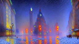 Space cyberpunk city, winter, claude monet painting