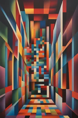 an abstract painting of a colorful abstract painting, in the style of 3D geometric optical illusions, passage, dreamlike perspectives