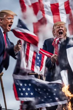 donald trump burns the american flag while maniacally laughing