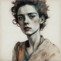 Egon Schiele sketch of a grunge woman, orange, pink, turquoise, yellow colors