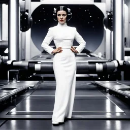 a standing revealing full body photoshoot Princess Leia with her Star Puffs hairstyle, she is poised on hands and knees, by Helmut Newton, typical for the suggestive style of Newton (high quaintly perfect photo) the background is a space dock