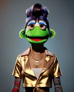 hybrid character, waitress sexy woman with monster muppet mask that covers her entire head, gold punk, short shirt, tray, old school tattoo, retro style, Sesame Street style, hot, smooth, unreal engine 5, god lights, ray tracing, RTX, lumen lighting, ultra detail, volumetric lighting, 3d.