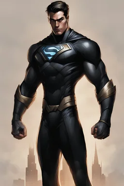 Kryptonian, black suit, young, tall and strong, tan
