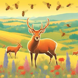 Wildlife in the Meadow: A lively scene of stags and birds among colorful wildflowers and buzzing bees, with a distant view of olive groves and vineyards on the hills.