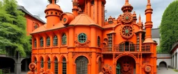 An orange colored factory with gears and robots designed in Maori sculptures painted by Claude Monet