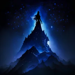 a shadow of a woman on top of a mountain, dark blue glowing light, dark, magic, fantasy, stars, sparkle, dragon through sky