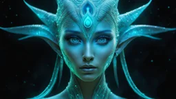 The photo features a bioluminescent and bioluminescent art style depicting a divine female alien god. Bioluminescent moist translucent glowing skin, ethereal glowing eyes, extra long neck, medium front third eye, large head fins and ear fins show off a charming, perfect face in ultra-realistic detail. The composition imitates a cinematic film with dazzling, gold and silver lighting effects. Intricate details, sharp focus, crystal clear skin create high detail.