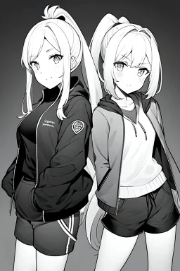 blonde girl with ponytails dressed in a jacket and shorts, greyscale