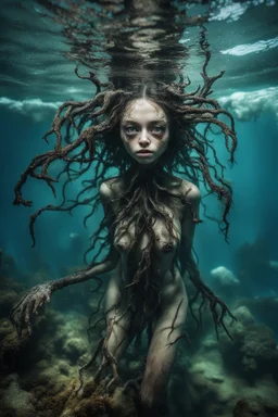 Underwater, closeup siren with big eyes, ragged clothes, fullbody, his skin translucent, black veins that extended like roots, 8k,macro photography,