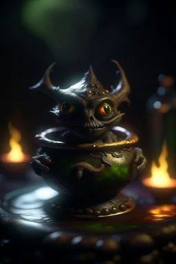 nightmare, cauldron with shining sigil and containing a slightly alien imp gremlin in it, prize winning oil painting, ,bokeh like f/0.8, tilt-shift lens 8k, high detail, smooth render, down-light, unreal engine