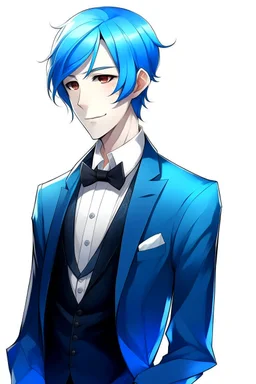 man with blue hair anime wearing tuxedo realistic