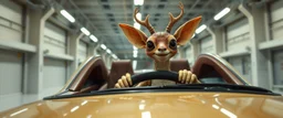 car driving happy 2d insect anime fluffy slimy alien deer gremlin man in the style of Escher and Giger and Fallout 4, pinhole cam, airbrush 3d rendering, on tv screen:A five-second cinematic single take in a clean industrial presentation hall.