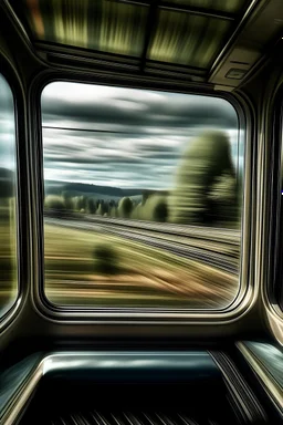 The hyper-realistic photograph, appearing as though taken with a phone camera, captures the essence of a train journey through a detailed window view. The window frame dominates the foreground, with the landscape outside moving in a blur as the train speeds along the tracks. Every detail is meticulously depicted, from the reflections on the window glass to the varying terrain outside. The scenery changes dynamically, transitioning from urban cityscapes to lush countryside vistas, each passing b