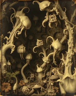 A daguerreotype-style close-up image of a surreal background inspired by Hieronymus Bosch and Max Ernst, featuring twisted organic forms, decaying botanical elements, and strange vegetal growths that seem to pulse with unnatural life. The entire scene is bathed in soft, ambient lighting that creates an otherworldly atmosphere, with areas of deep shadow contrasting against the pale, spectral glow of the figures.