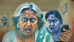 indian lady mad on phone with warning picture of Boris Yeltsen behind her