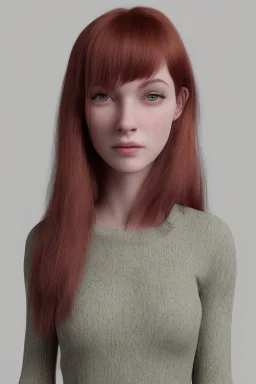 Jeune femme fine, cheveux roux raides, petit nez, yeux vert foncé, traits fins,premier plan, ultra réaliste, 4k. Habillée en jean pull. Décor de montagne ultra réaliste, D&D