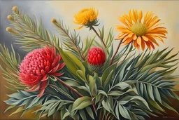 Still life Beautiful Australian wildflowers like waratah, banksia and wattle, in the style of Fiona Craig, photo realistic acrylic, professional award winning masterpiece, detailed,