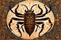 a stylized abstract illustration of a Stag Beetle from calligraphic letters, flourishes, and swirls , finely drawn and inked, in classic Arabic calligraphy, 4k, hyper detailed in the style of EL SEED and vibrantly colored in the style of GUSTAV KLIMT