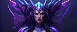 50k resolution, ultra realistic, symmetrical features, curvy transgendered male to female humanoid with large breasts, long dark purple hair, purple eyes looking forward, two horns on the top of the head, elf ears, large cyberpunk wings coming off of the spine mid-back, unreal engine 5, full-frame composition, full-frame artwork, character creation
