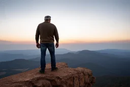 a brawny man with grey hair views sunset from a cliff