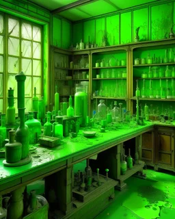 A lime green metallic laboratory with strange vials designed in Chinese paper art painted by Gustave Courbet