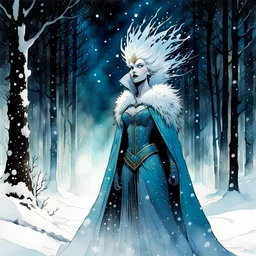 The Snow Queen, Night, forest, snow, blizzard, created in inkwash and watercolor, carnival in the comic book art style of Mike Mignola, Bill Sienkiewicz and Jean Giraud Moebius, highly detailed, grainy, gritty textures, , dramatic natural lighting