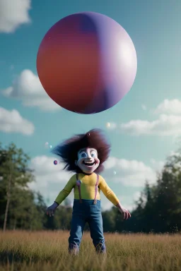 Ultra realistic circus scene. Sweet big hair monster flying. Child’s playing. one strong man, smile. happy, color bubbles, smooth color, waist up view, Wes Anderson style, dark ambient, highly detailed, concept art, unreal engine 5, god rays, ray tracing, RTX, lumen lighting, ultra detail, volumetric lighting, 3d, finely drawn, high definition, high resolution.