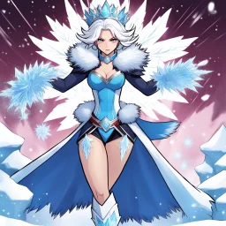 [illustration for wii No More Heroes style with thick lines] Demonstrating her growing power as Queen of Winter, La Abominable crystallizes the very air around her, challenging any luchadora to defeat her in the ring;