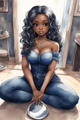 Create a futurism magna watercolor pain art of a black chibi curvy female sitting on the floor looking at herself in a hand mirror. She is wearing tight blue jeans and a black off the shoulder blouse. Prominent make up with lush lashes. Highly detailed long wavy hair. She is also wearing silver large hoop earringsart of a black chibi curvy female sitting on the floor looking at her cell phone. She is wearing tight blue jeans and a black off the shoulder blouse. Prominent make up with lush lashes