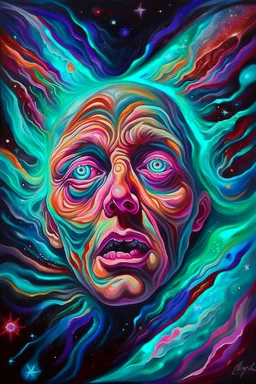 Busch painting style A big scary face out of A nightmare from light." Stars are holes in the fabric of reality, from which a blinding, painful light pours. Nebulae resemble phantasmagorical visions.covering both ears with hands of the face