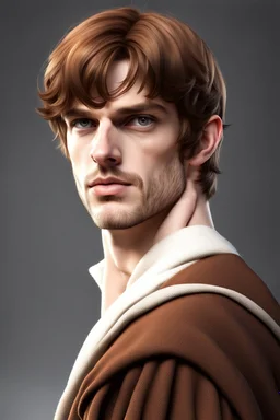 wide fantasy young noble swordman short brown hair photorealistic