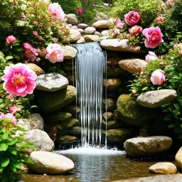 A waterfall with peonies and stones all around not only bright to remove