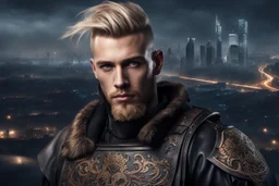 photorealistic hyperdetailed portait of 20-year-old german male, as mercenary with long blonde undercut hair, tribal tattoos and neatly trimmed beard wearing modern mercenary uniform fantasy dark cityscape