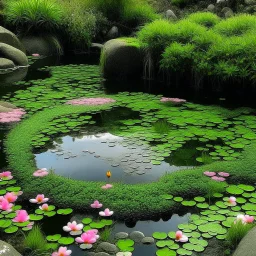 Round pond with lots of water, moss-covered stones all around and the water has a delicate pink shimmer, a few delicate pink flowers on the stones and a small waterfall