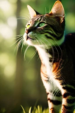 Clear focus,High resolution,High quality,druid, yellow long hair, green eyes, cat ears, Realistic, ghosr in the shell,intricate details, insanely detailed, forest background