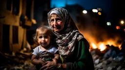 Palestinian old woman wears the keffiyeh , Carrying a small girl ,at summer , Destroyed Buildings , with a Explosions, at night