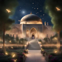 Hyper Realistic Al-Aqsa Mosque between a beautiful garden with celebration lights & fireflies at night with Palestinian people celebrating