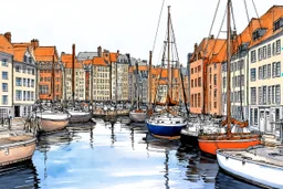 English fishing port in the style of a urban sketch