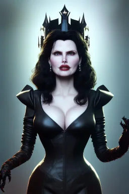 Geena Davis as evil queen in black leather, leather, busty, cleavage, angry, rage, stern look. character design by cory loftis, fenghua zhong, ryohei hase, ismail inceoglu and ruan jia. unreal engine 5, artistic lighting, highly detailed, photorealistic, fantasy