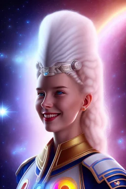 young cosmic woman smile, admiral from the future, one fine whole face, large cosmic forehead, crystalline skin, expressive blue eyes,rainbow hair, smiling lips, very nice smile, costume pleiadian,rainbow ufo Beautiful tall woman pleiadian Galactic commander, ship, perfect datailed golden galactic suit, high rank, long blond hair, hand whit five perfect detailed finger, amazing big blue eyes, smilling mouth, high drfinition lips, cosmic happiness, bright colors, blue, pink, gold, jewels, realist