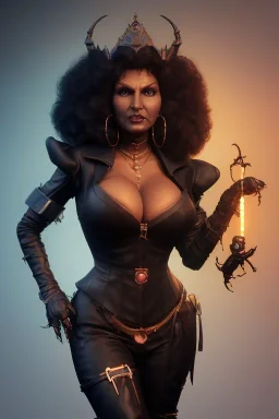 Pam Grier as evil queen in black leather, leather, busty, cleavage, angry, stern look. character design by cory loftis, fenghua zhong, ryohei hase, ismail inceoglu and ruan jia. unreal engine 5, artistic lighting, highly detailed, photorealistic, fantasy